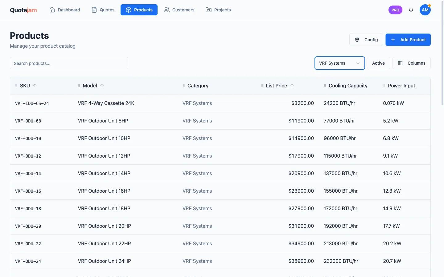 Quotejam Products screen